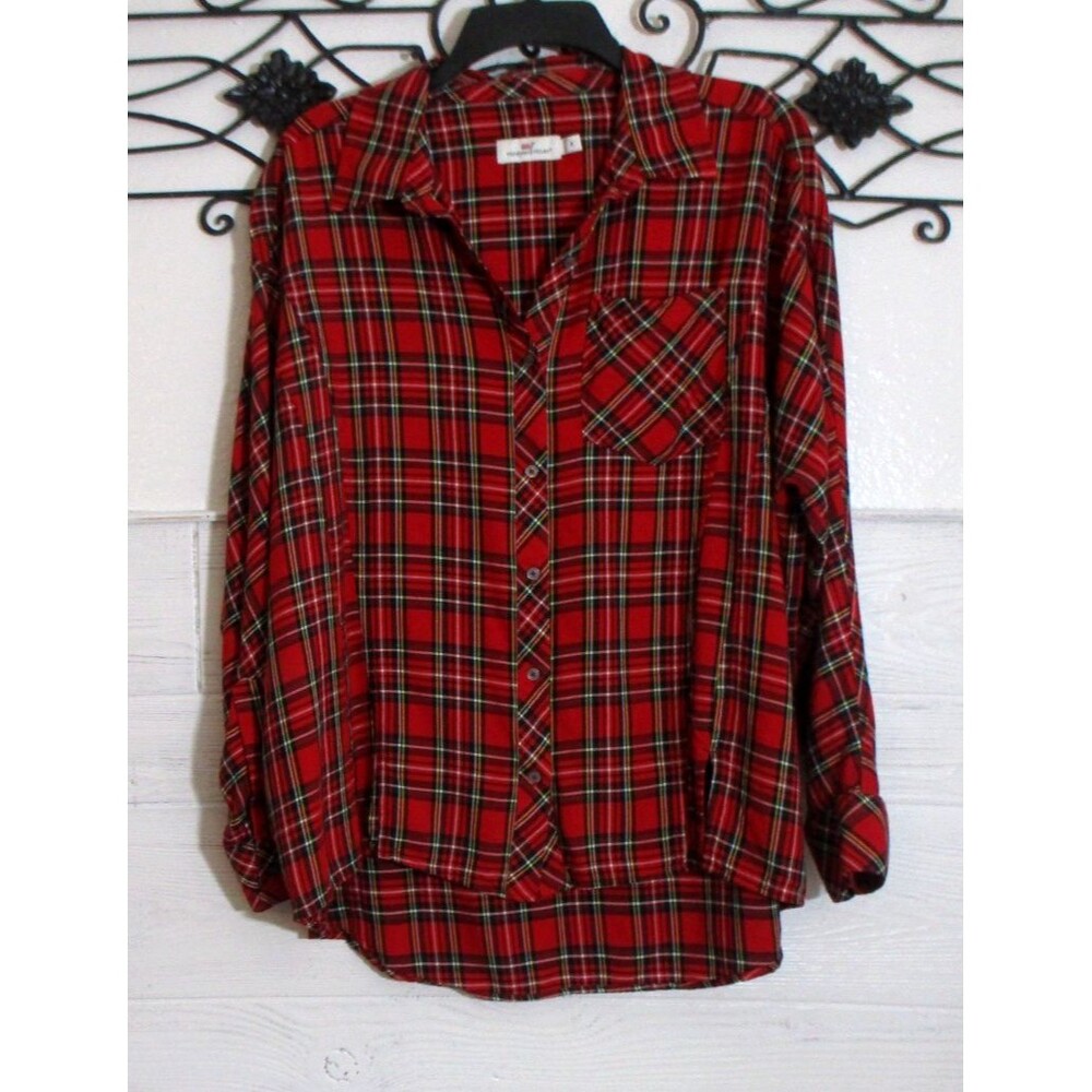 Vineyard Vines Button Up Flannel Top Women's Size XL Red Plaid Long Sleeve